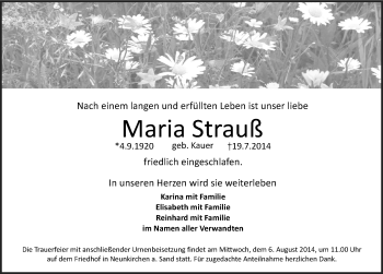 Traueranzeige von Maria Strauß von Pegnitz-Zeitung